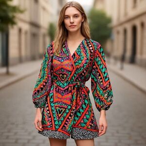 Alexia Admor Wrap Dress Womens M Multicolor Balloon Sleeve Tie Waist Boho Chic